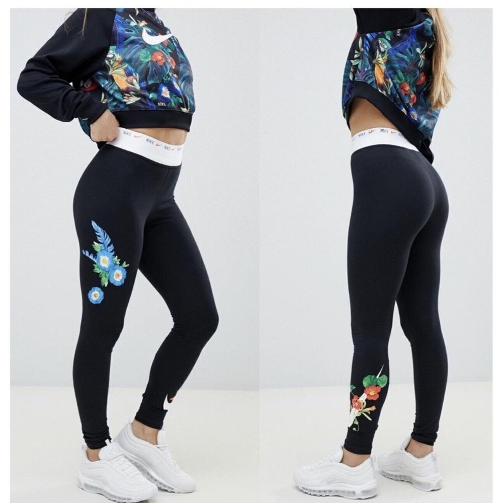NIKE Floral Leggings Black S Cotton Blend Womens Hyper Femme